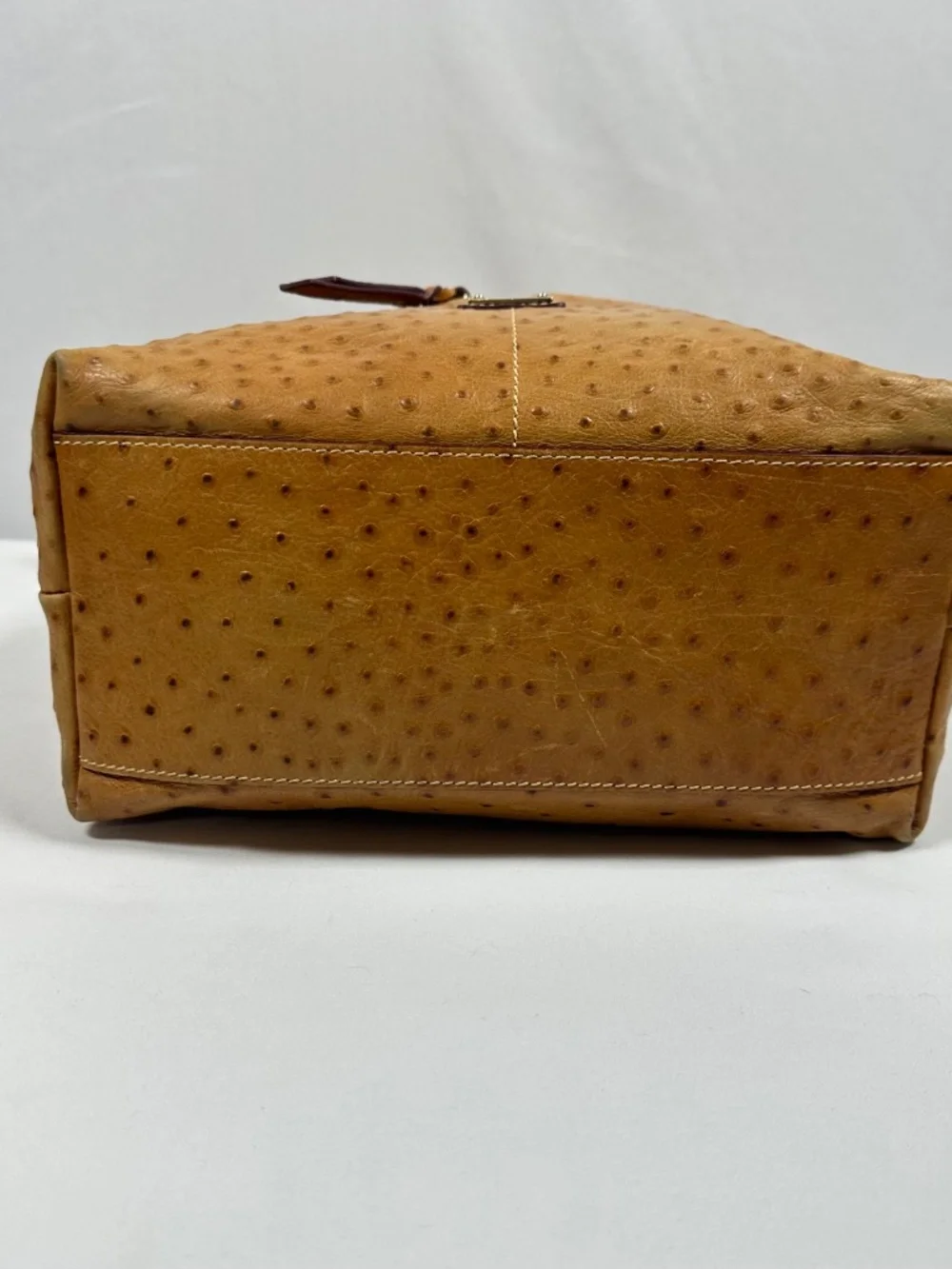Dooney and Bourke Tan Ostrich Embossed Leather Double Front Zipper Compartments